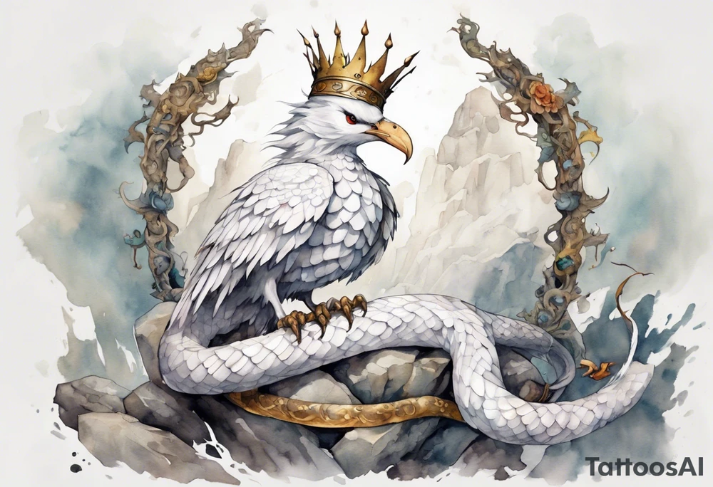 a white bird-serpent hybrid, wearing a iron crown, sitting on a stone tattoo idea