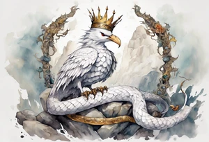 a white bird-serpent hybrid, wearing a iron crown, sitting on a stone tattoo idea