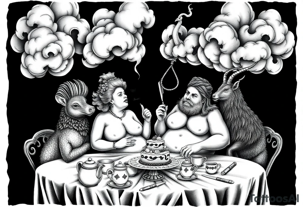 Storm clouds naked fat lady having a tea party with tea pots and 
with a pig, peacock, noose, lion, goat, smoking cigerettes looking in the mirror having sex with a man eating a cake thru storm clouds with knife and broken hearts and darkness and wrath, envy , gluttony, greed, sloth, pride kill tattoo idea