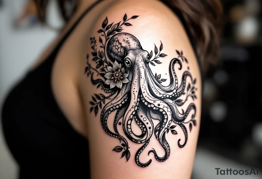 realistic octopus, detailed linework, black-and-grey shading, elegant floral vine, intertwining tentacles, thin black swirling lines, semi-transparent brown leaves, delicate mandala flower, dotwork, ornamental flourishes, radiating design, fine-line style, minimalistic, organic flow, feminine, artistic, slightly surreal, seamless composition, marine botanical fusion, lifelike texture, graceful rhythm, natural growth integration, upper arm placement, shoulder curve, body-following design, smooth shading, soft leaves wrapping, blooming shoulder flower, outward radiating pattern, vine tentacle flow, integrated sea creature, botanical octopus, arm shoulder tattoo, curved body placement, natural organic movement tattoo idea