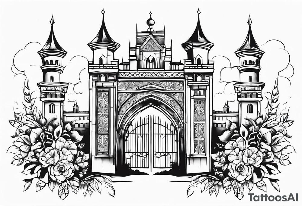 medieval tribal city gate floral land vignette tattoo idea