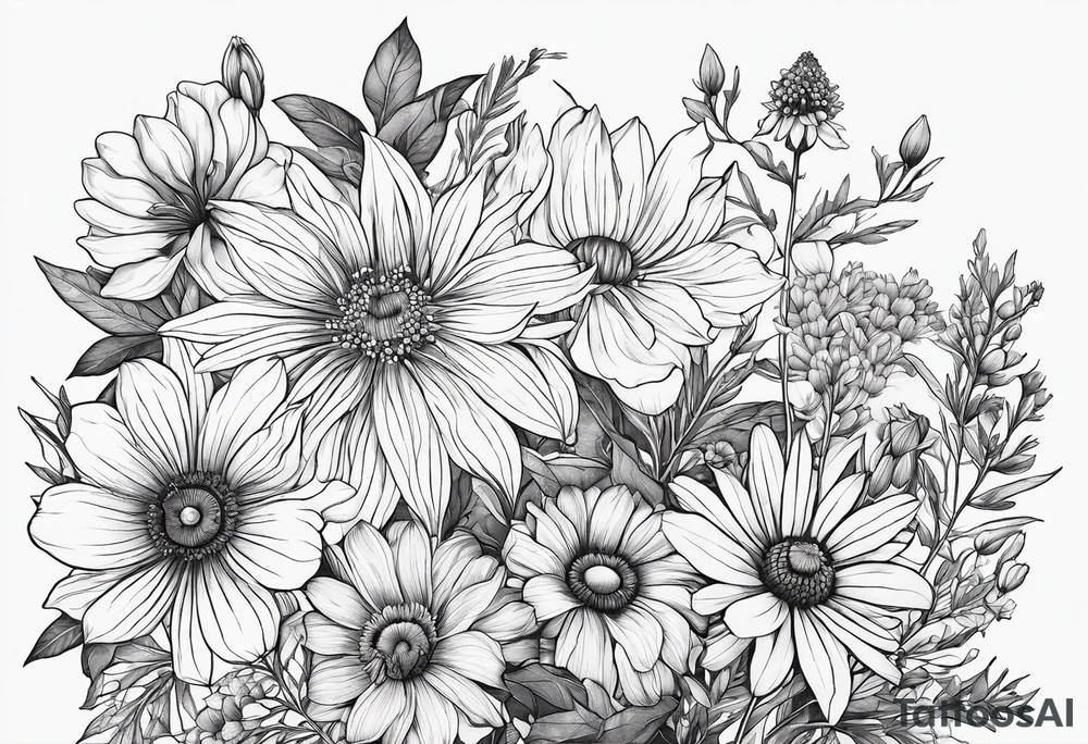 fine line wildflowers - white background, clean background, no skin tattoo idea