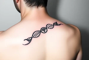 "Tattoo mimicking a DNA strand, but:  
- Base pairs replaced with Wi-Fi/Torrent logos  
- Caption: 'Open source enlightenment'  

Style: Bio-mechanical. Black/blue, bicep." tattoo idea