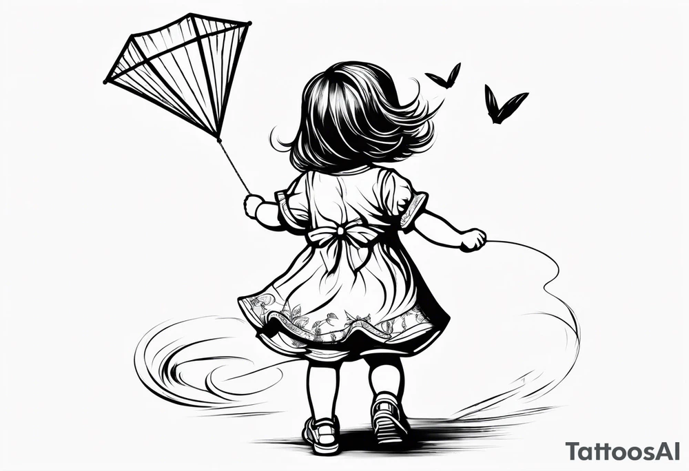 the back of a little girl in a dress, flying a kite tattoo idea