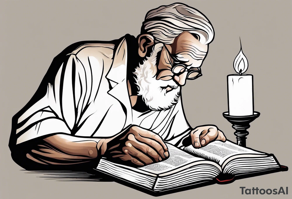 old man reading a holy bible by candle light tattoo idea