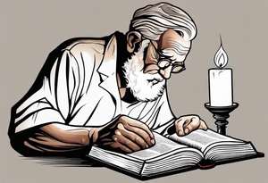 old man reading a holy bible by candle light tattoo idea