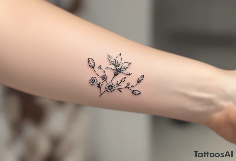 Dainty Stargazer lillies with small sunflowers and tulip buds in a dainty wildflower bouquet with stems tattoo idea