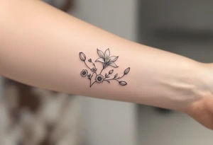 Dainty Stargazer lillies with small sunflowers and tulip buds in a dainty wildflower bouquet with stems tattoo idea