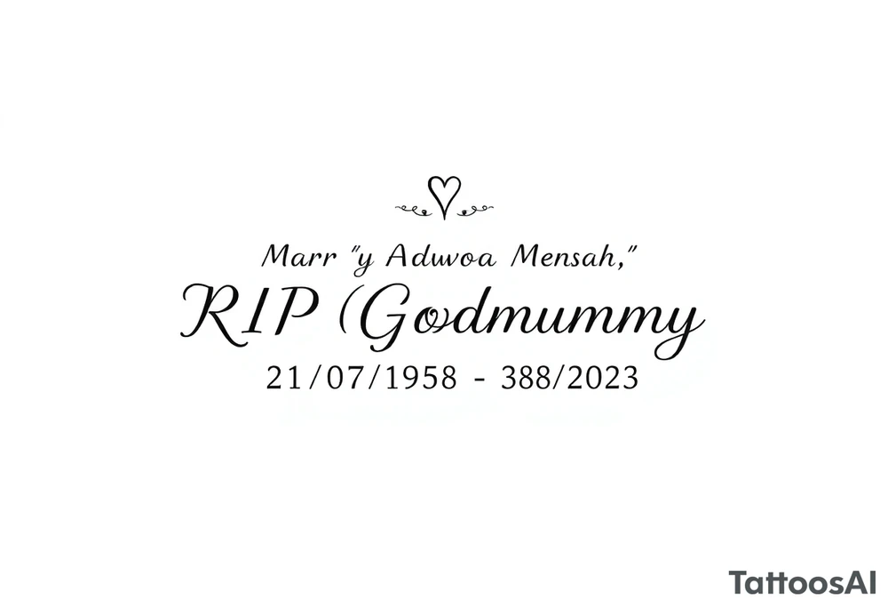 a message saying: Mary "Adwoa" Mensah, RIP Godmummy, 21/07/1958 - 28/07/2023 tattoo idea