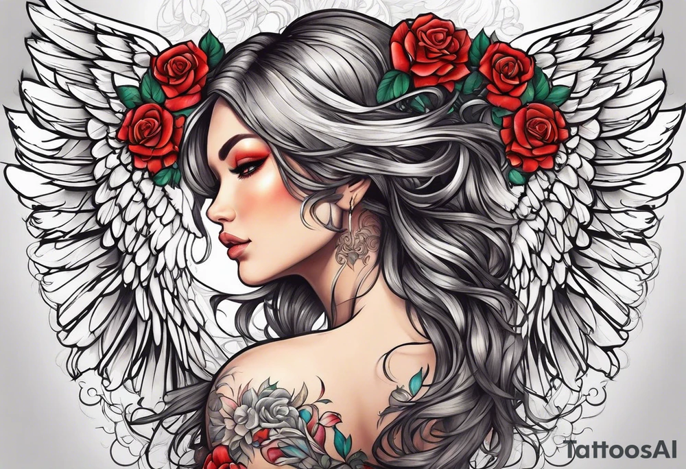 Beautiful woman angle with wings standing surrounded by roses tattoo idea