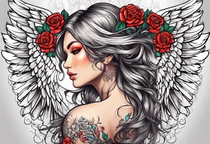 Beautiful woman angle with wings standing surrounded by roses tattoo idea