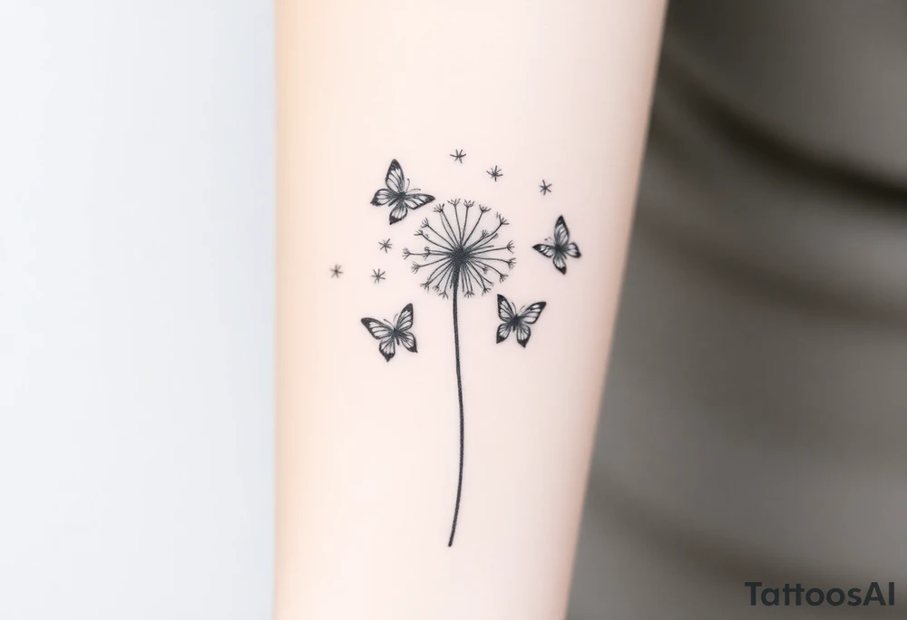 a dandelion and two (2) minimalistic butterflies flying around it tattoo idea