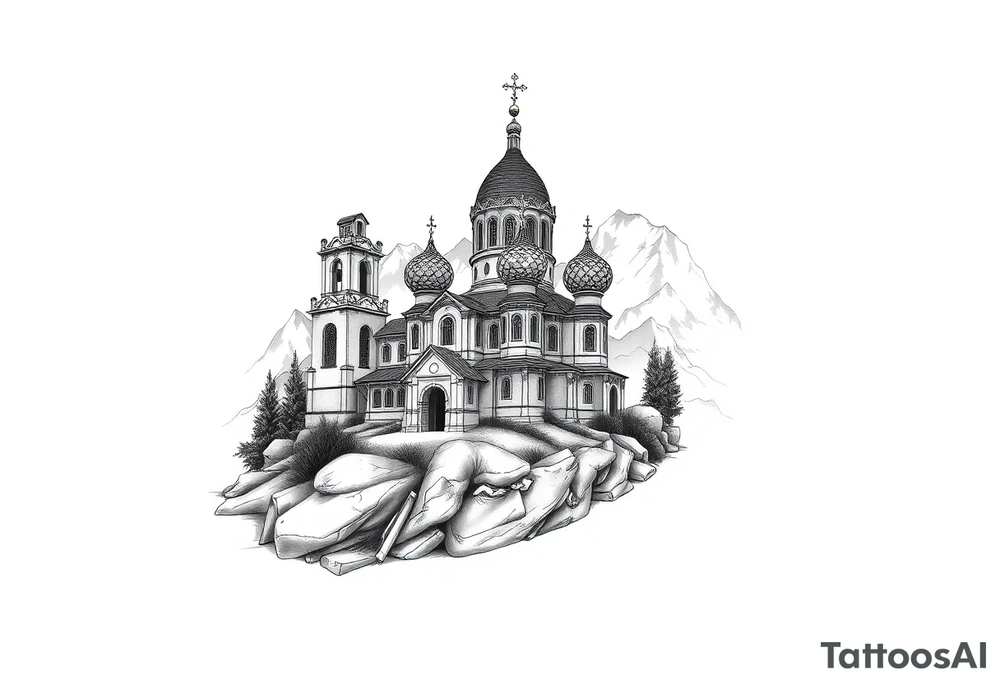 russian orthodox christian left arm tattoo with st basils cathederal in a mountainous setting tattoo idea
