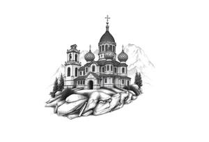 russian orthodox christian left arm tattoo with st basils cathederal in a mountainous setting tattoo idea
