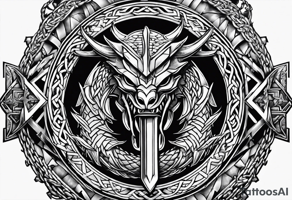 Valhalla sword shield dragon axe Valknut barbed wire chains tribal tattoo idea
