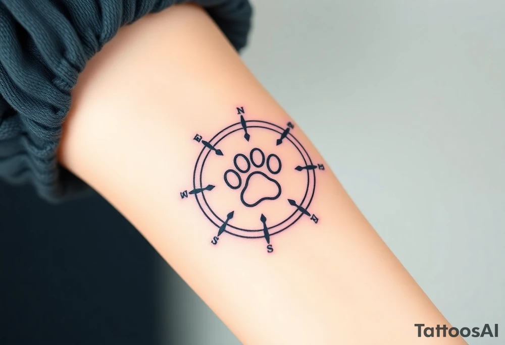 A compass design with a paw print at the center and description PAW PATROL tattoo idea