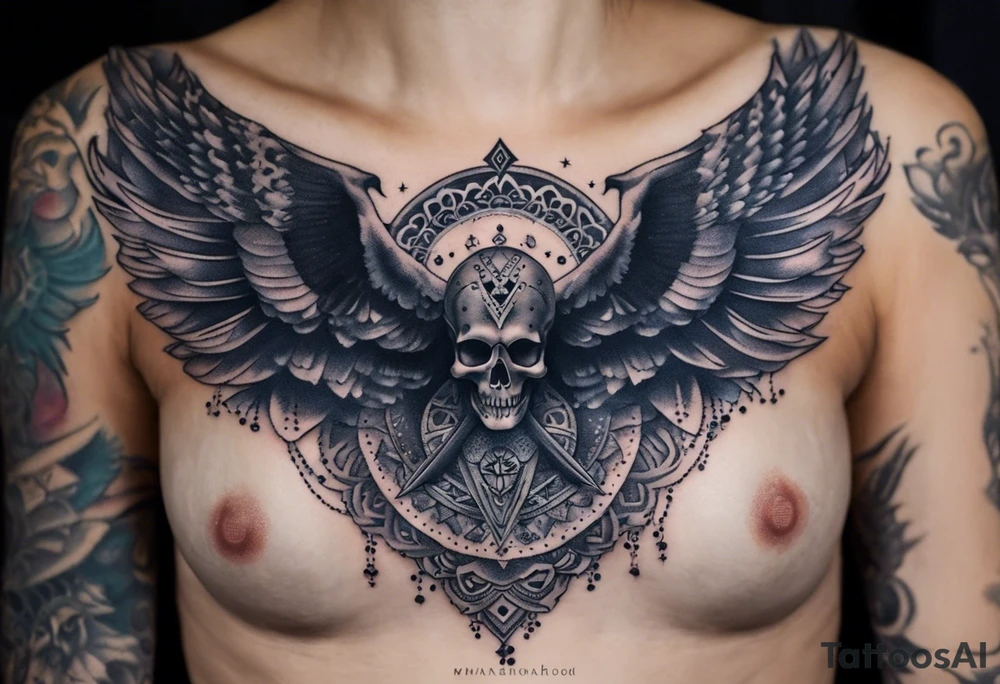 black kali, goddess pirate, alien, angel, pachamama, valkrye, warrior, flying, skull, lotus azul, wing, eagle, zenza resonance, stars, 5D, anahata chakra, death, durga, riding on a tiger, flying lady, chest tatoo tattoo idea
