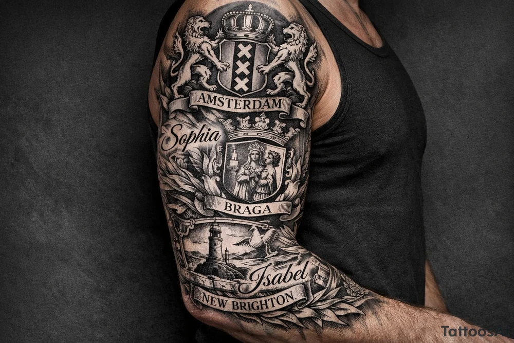 Crests of Amsterdam and Braga and New Brighton. My daughters names Sophia and Isabel. tattoo idea