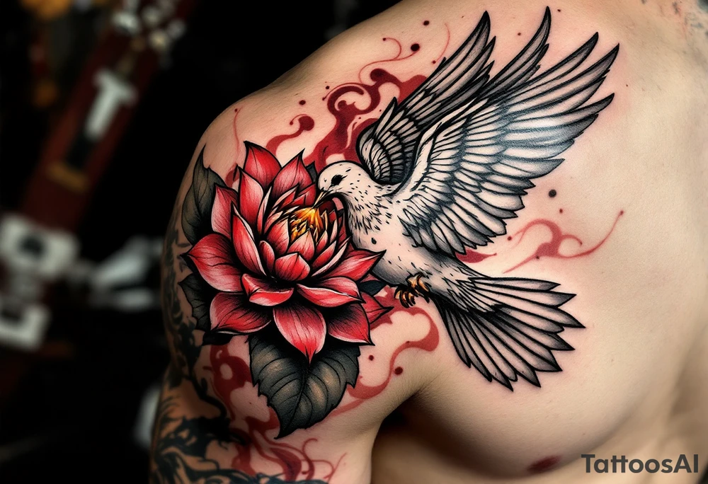a dove drinking from an egyptian lotus (red and black) tattoo idea