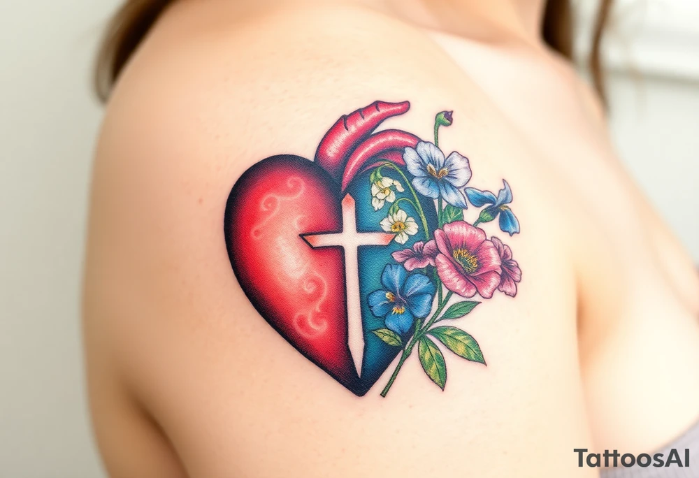 tattoo with heart
: one side representing death and the other life. (from death to life) with a simple cross down the middle. The life side I'd like the following flowers growing out of it: Morning Glory, Lily of the Valley, Daffodil, Rose, Poppy, and Iris tattoo idea