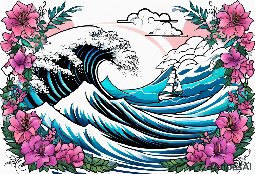 ocean wave surrounded by lupin and fireweed vines tattoo idea