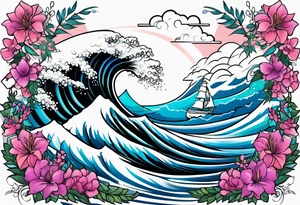 ocean wave surrounded by lupin and fireweed vines tattoo idea