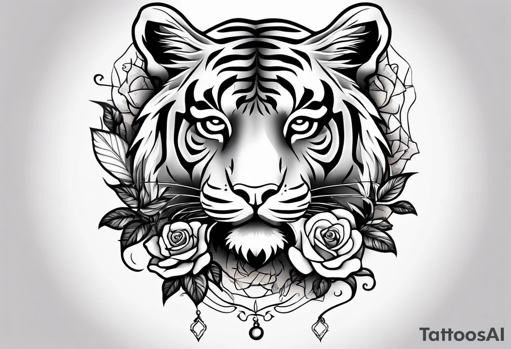 Clock and tiger with roses and vines on forearm tattoo idea