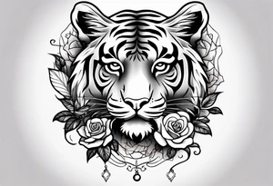Clock and tiger with roses and vines on forearm tattoo idea