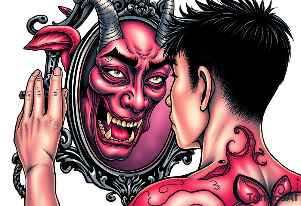 Handsome Asian young guy is looking in cursed mirror and see a demon tattoo idea