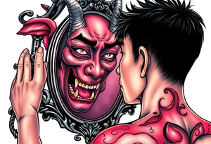 Handsome Asian young guy is looking in cursed mirror and see a demon tattoo idea