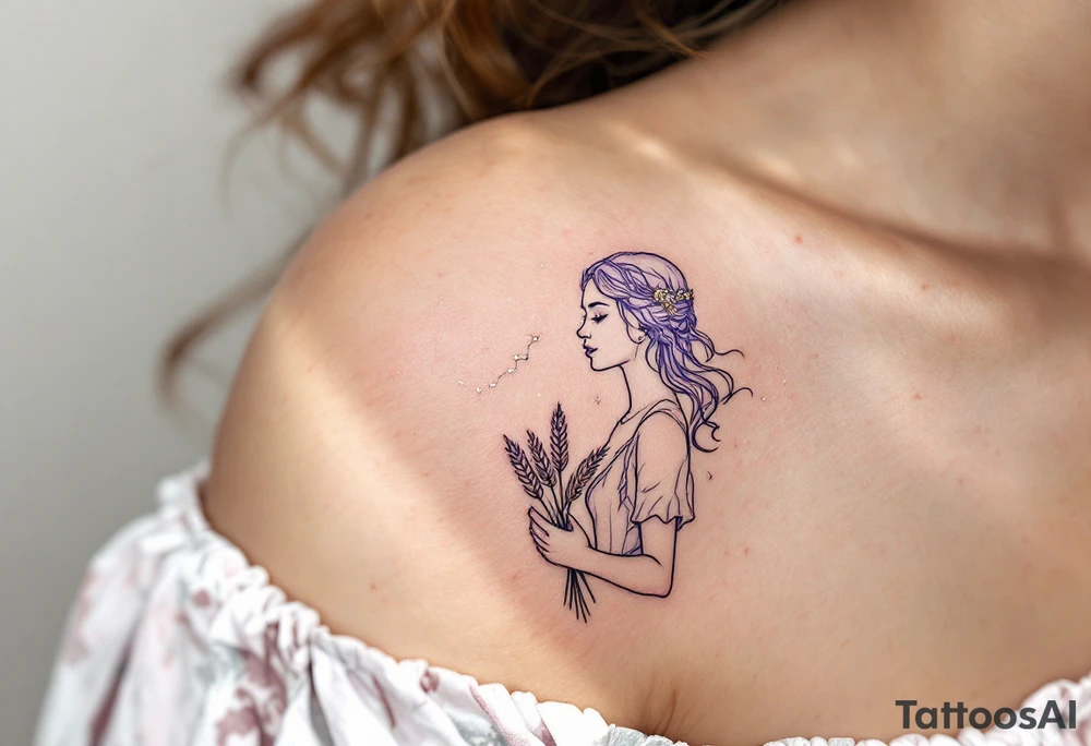 A delicate Virgo constellation in shimmering silver ink rests above a lavender line-art maiden holding wheat. tattoo idea