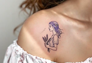 A delicate Virgo constellation in shimmering silver ink rests above a lavender line-art maiden holding wheat. tattoo idea