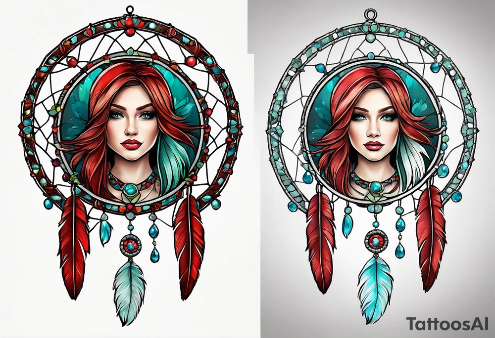dreamcatcher with an aquamarine feather a red feather and a peridot feather with gemstones tattoo idea
