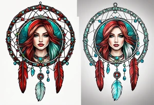 dreamcatcher with an aquamarine feather a red feather and a peridot feather with gemstones tattoo idea