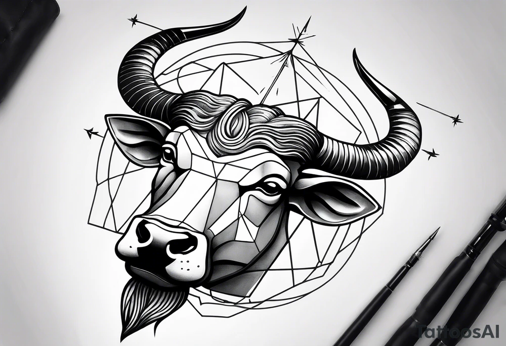Taurus head with the planets positions on May 20th, 1989. With an arrow splitting the head. Half geometric and half realistic. Fit on back of arm tattoo idea