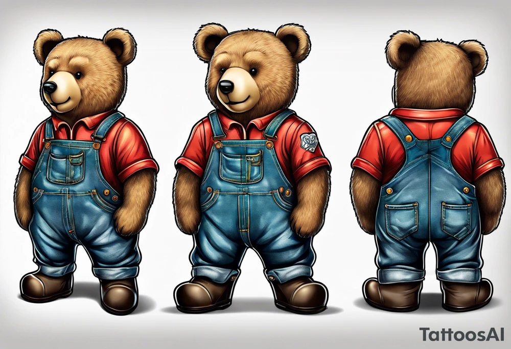 standing teddy bear in overalls and boots from behind tattoo idea