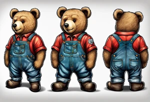 standing teddy bear in overalls and boots from behind tattoo idea