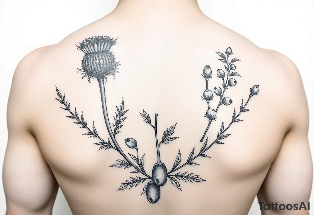 hybrid botanical drawing of scottish thistle, olive branch/olive, and cat nip for a wrap around wrist tattoo tattoo idea