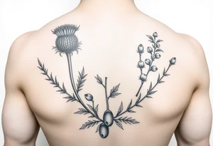 hybrid botanical drawing of scottish thistle, olive branch/olive, and cat nip for a wrap around wrist tattoo tattoo idea