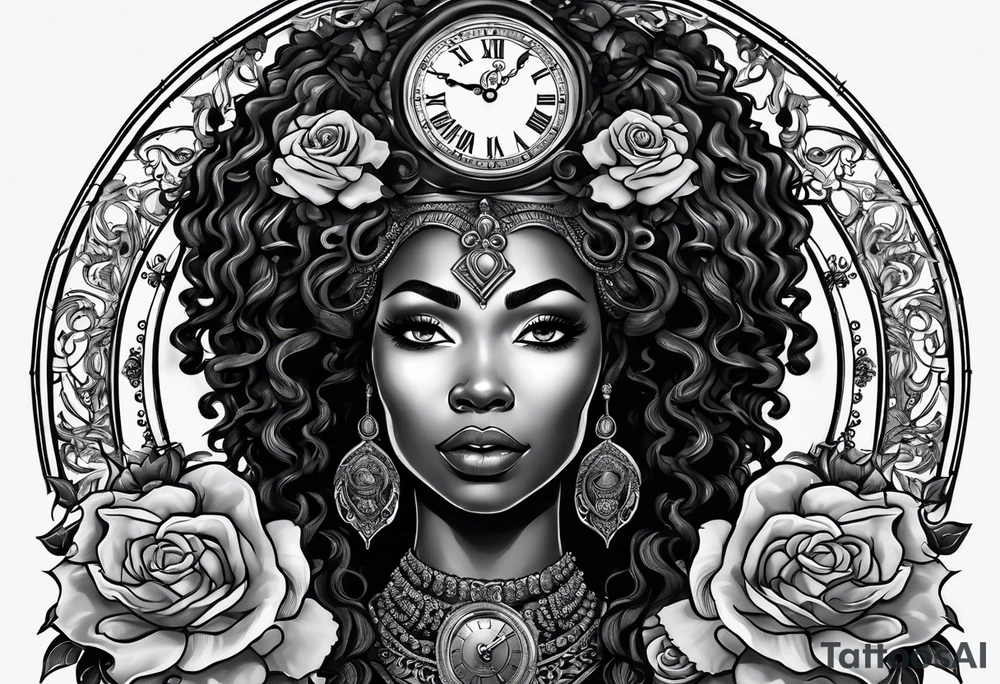 A black African queen Medusa, with blank eyes, a candle lit with smoke coming from the flame, a granddaddy clock with roses tattoo idea