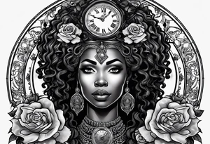 A black African queen Medusa, with blank eyes, a candle lit with smoke coming from the flame, a granddaddy clock with roses tattoo idea