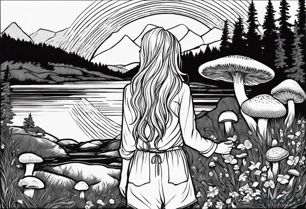 Whole picture encircled fully

Straight long blonde hair hippie girl in distance holding mushrooms in hand facing away toward mountains and creek surrounded by mushrooms long sleeve shirt and hiking pants; whole rendering within a full celtic circle border, no cut off circle tattoo idea