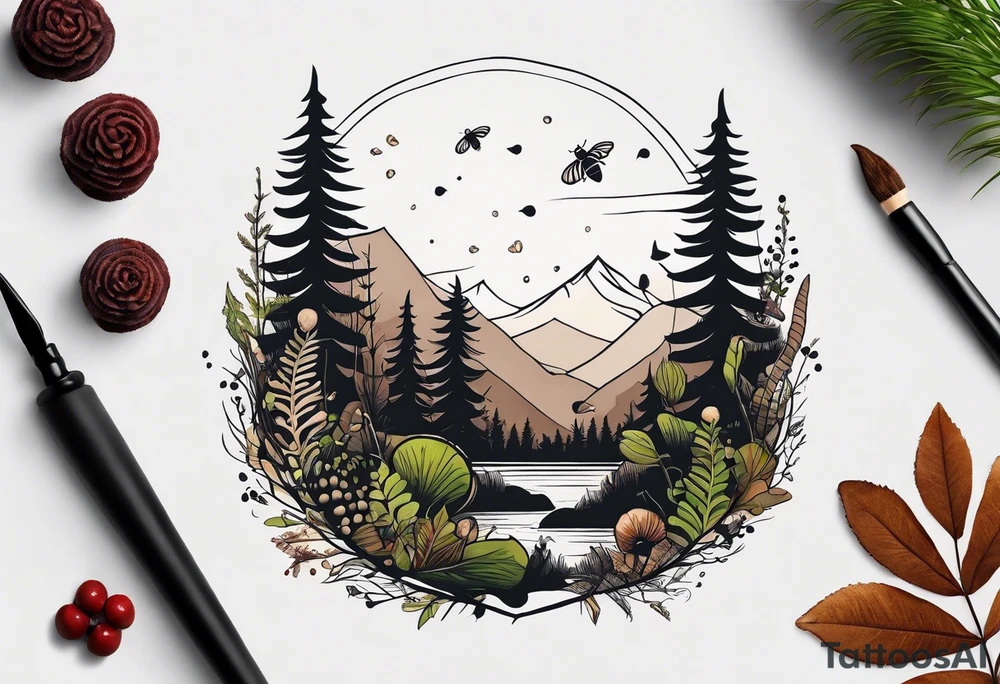 minimalistic forest floor inspired tattoo, which includes grass, moss, curly ferns and dead leaves as the bulk of the tattoo. details to include: forest berries, couple of very small brown mushrooms, a tiny bumblebee flying nearby tattoo idea