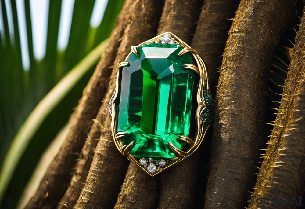Tattoo: A striking Gachala emerald sits at the base of a tall quindio wax palm, which grows resiliently from cracks in rugged, rocky soil. The emerald is the main focal point, symbolizing strength and endurance, while the wax palm, rooted in the soil’s crevices, represents growth and resilience. A small water stream flows gently from the rocks, adding an element of life and nourishment tattoo idea