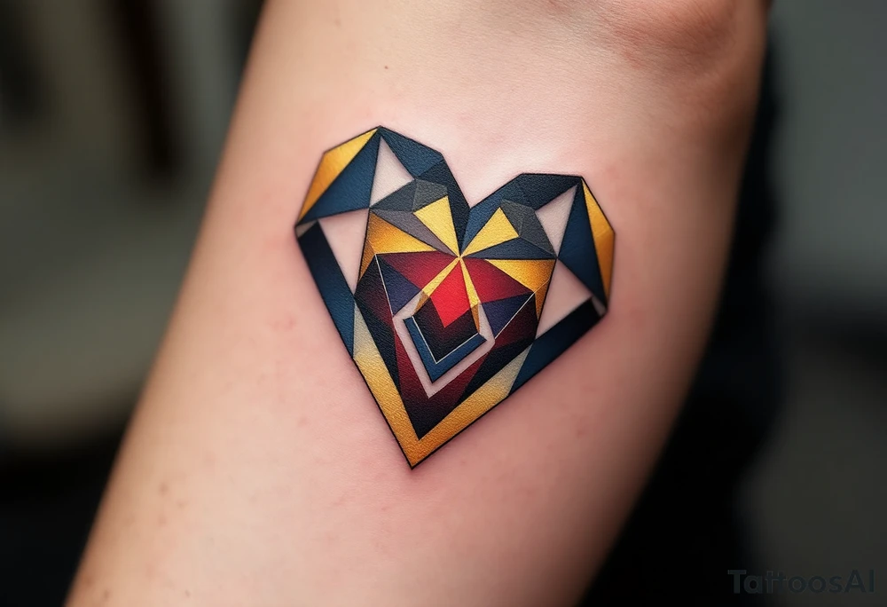 A minimalist yet powerful abstract heart formed by sharp, intersecting geometric lines, blending various shapes such as triangles and diamonds. The heart’s outer edges are soft and flowing, contrasting the precise geometry inside. The design transitions from a deep midnight blue at the top to a warm, radiant gold at the bottom, symbolizing a balance between mystery and warmth. The heart’s center is subtly filled with a gradient of rich crimson, symbolizing passion and deep emotional connection. Midnight blue (top), radiant gold (bottom), deep crimson (center), with thin accents of white to highlight the geometric details. tattoo idea