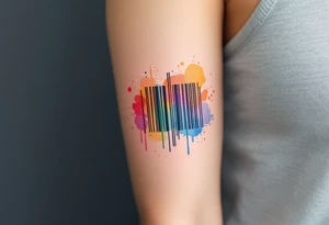 A barcode with rainbow-colored streaks blending into watercolor splashes, symbolizing diversity, creativity, and self-expression. tattoo idea