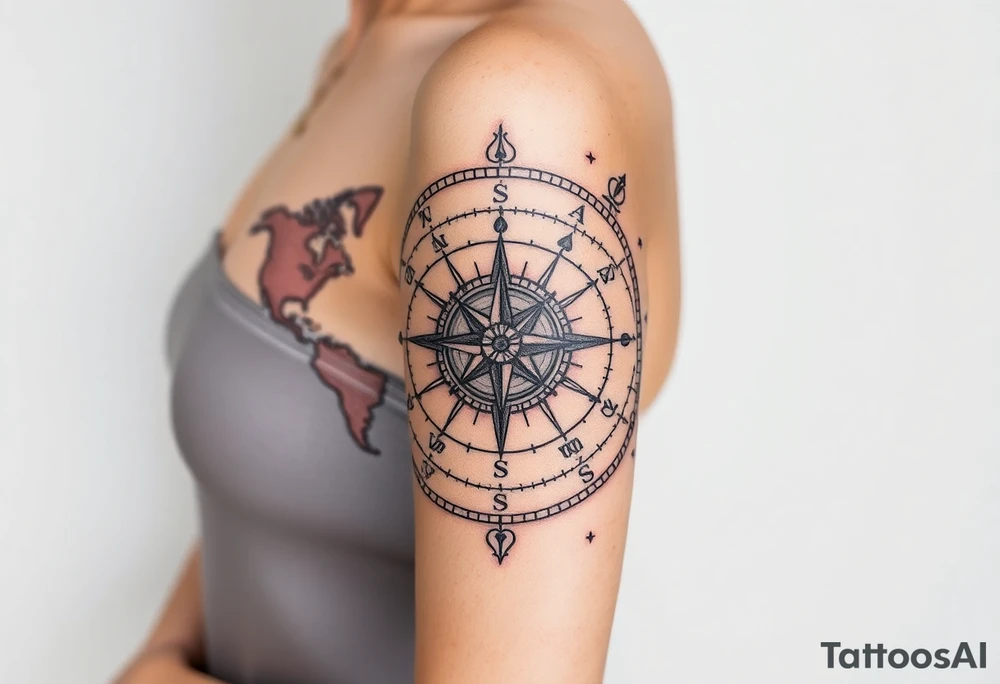 antique compass rose overlaid on weathered world map with zodiac symbols tattoo idea