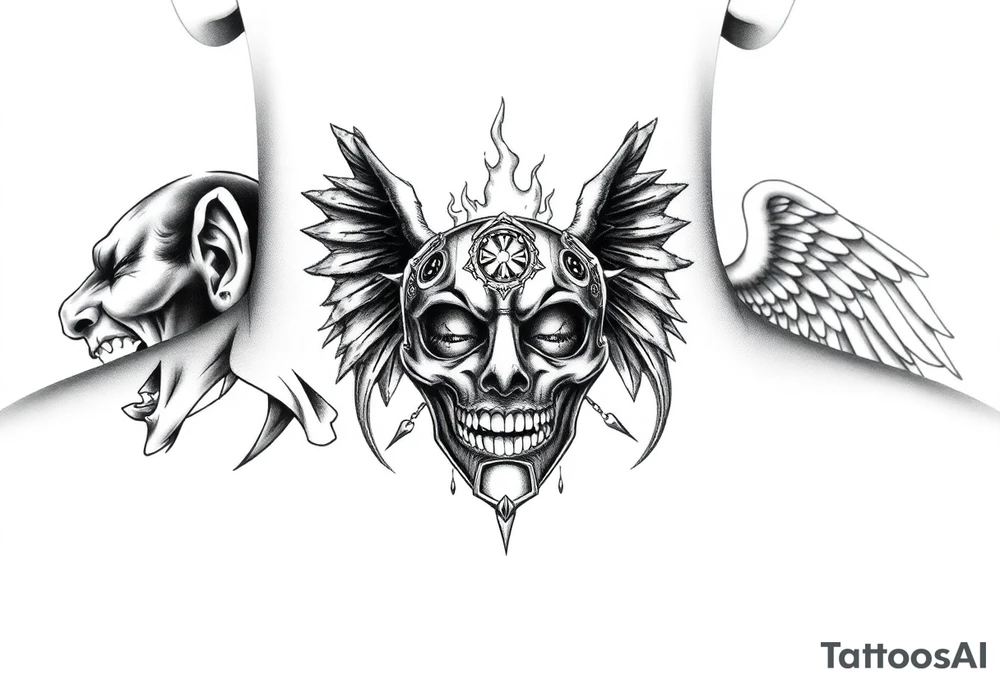 Realistic neck tattoo design. On one side, near one ear, a screaming demon facing inward. On the other side, near the other ear, a screaming angel facing the demon. Between them, in the center of the front neck, a cracked ancient mask with fire and light emerging from inside, symbolizing inner conflict and balance between good and evil. Highly detailed black and grey style, fine line shading, symmetrical, intense emotion, realistic texture. tattoo idea