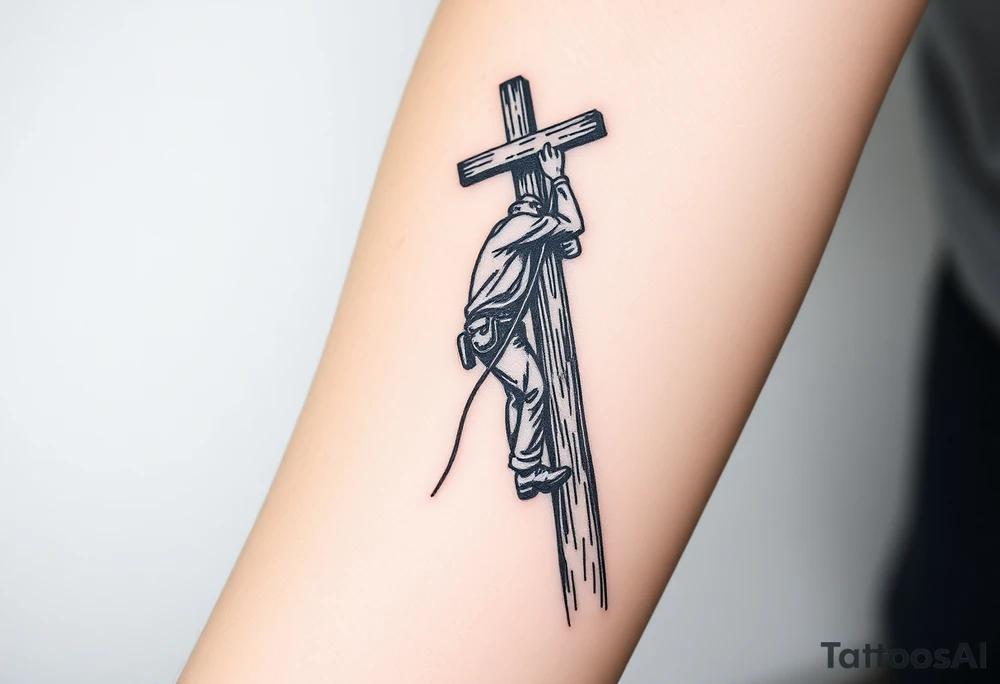 power lineman climbing a wooden 12kv pole. Make the pole a cross that has a hidden resemblance to god. Make the lineman Mexican tattoo idea