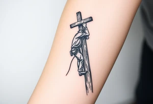 power lineman climbing a wooden 12kv pole. Make the pole a cross that has a hidden resemblance to god. Make the lineman Mexican tattoo idea